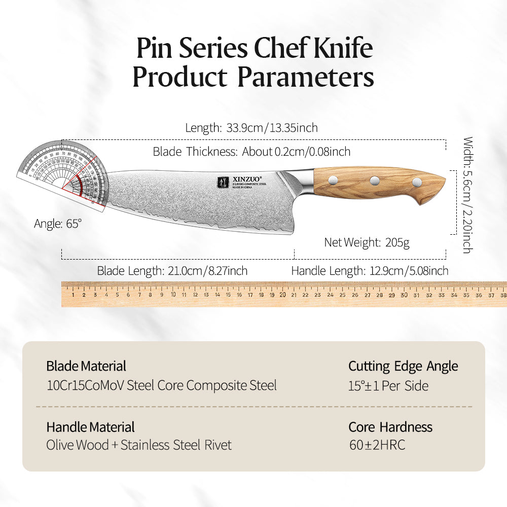 XINZUO Professional Chef Knife - Triple-Layer Composited Steel with Olive Wood Handle, Razor Sharp & Ergonomic Design-PIN Series