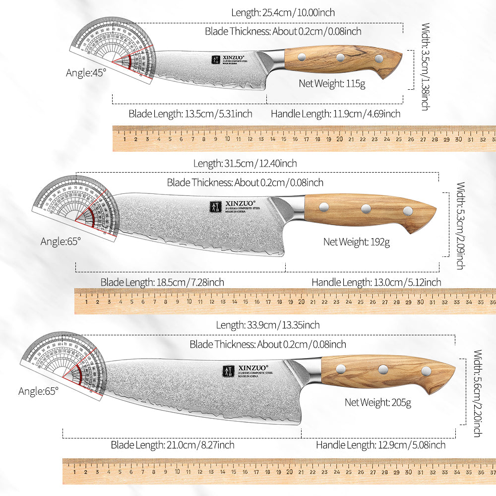 XINZUO 3PCS Kitchen Knife Set - Triple-Layer Composited Steel with Olive Wood Handle, Razor Sharp & Ergonomic Design-PIN Series