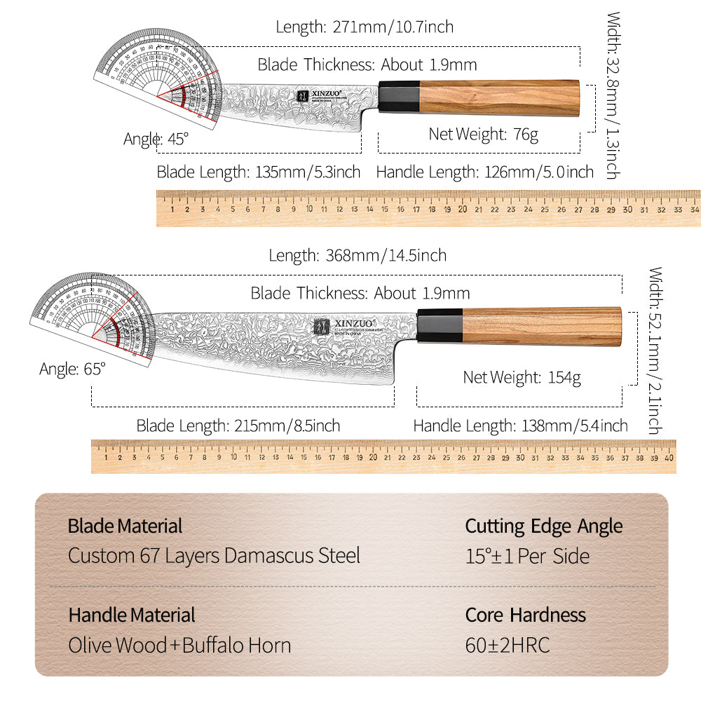 XINZUO 2PCS Knife Set, 67 Layers Damascus Steel Kitchen Knives, 10Cr15CoMoV Steel Core, Ergonomic Handle, Multipurpose Prepping Knives
