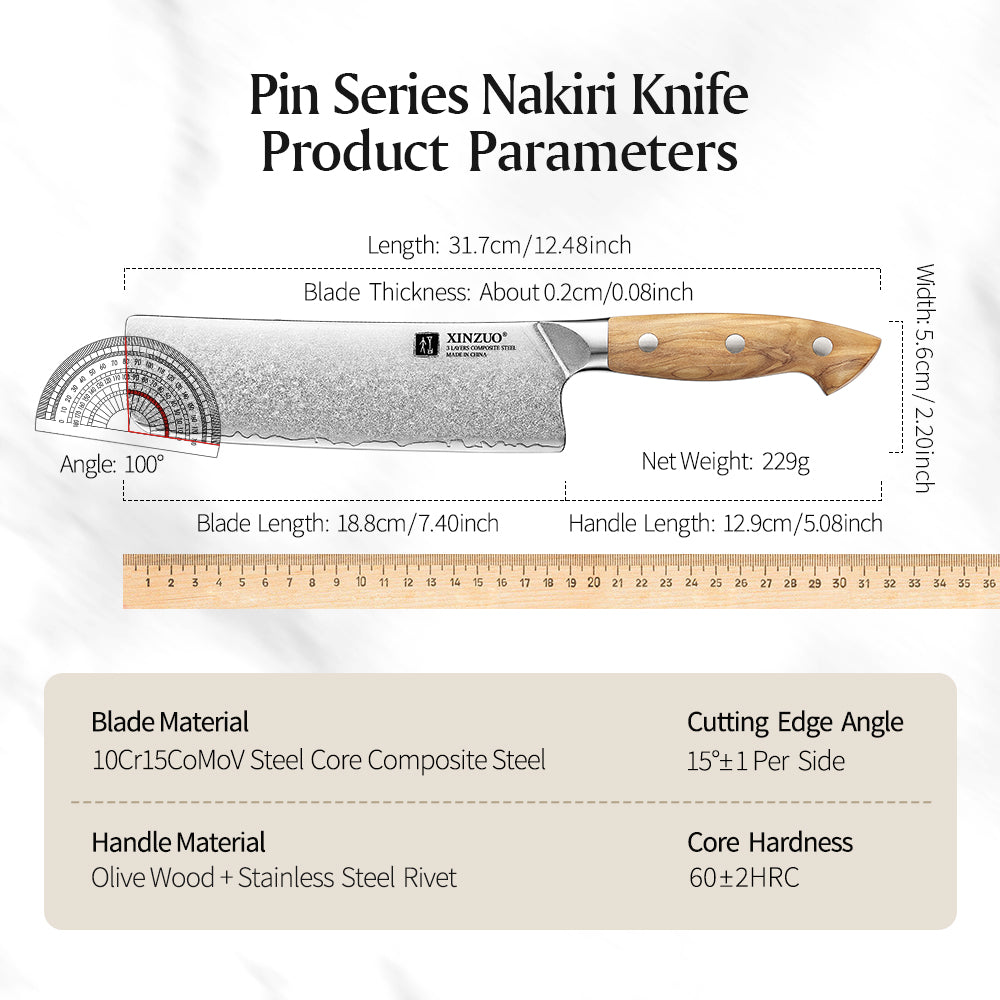XINZUO Japanese Nakiri Knife - Triple-Layer Composited Steel with Olive Wood Handle, Razor Sharp & Ergonomic Design-PIN Series