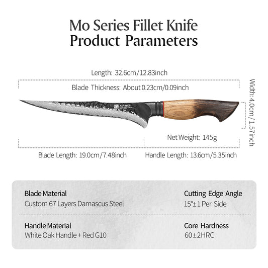 XINZUO 7.5 Inch Flexible Fillet Knife 67 Layers Damascus Steel with Burnt Oak Handle – Precision Fish & Boneless Meat Preparation Tool