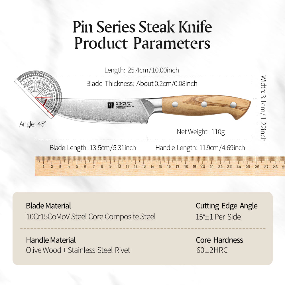 XINZUO Single Steak Knife - Triple-Layer Composited Steel with Olive Wood Handle, Razor Sharp & Ergonomic Design-PIN Series