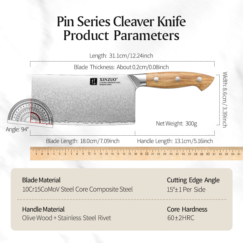 XINZUO Professional Chinese Meat Cleaver Knife - Triple-Layer Composited Steel with Olive Wood Handle, Razor Sharp & Ergonomic Design-PIN Series