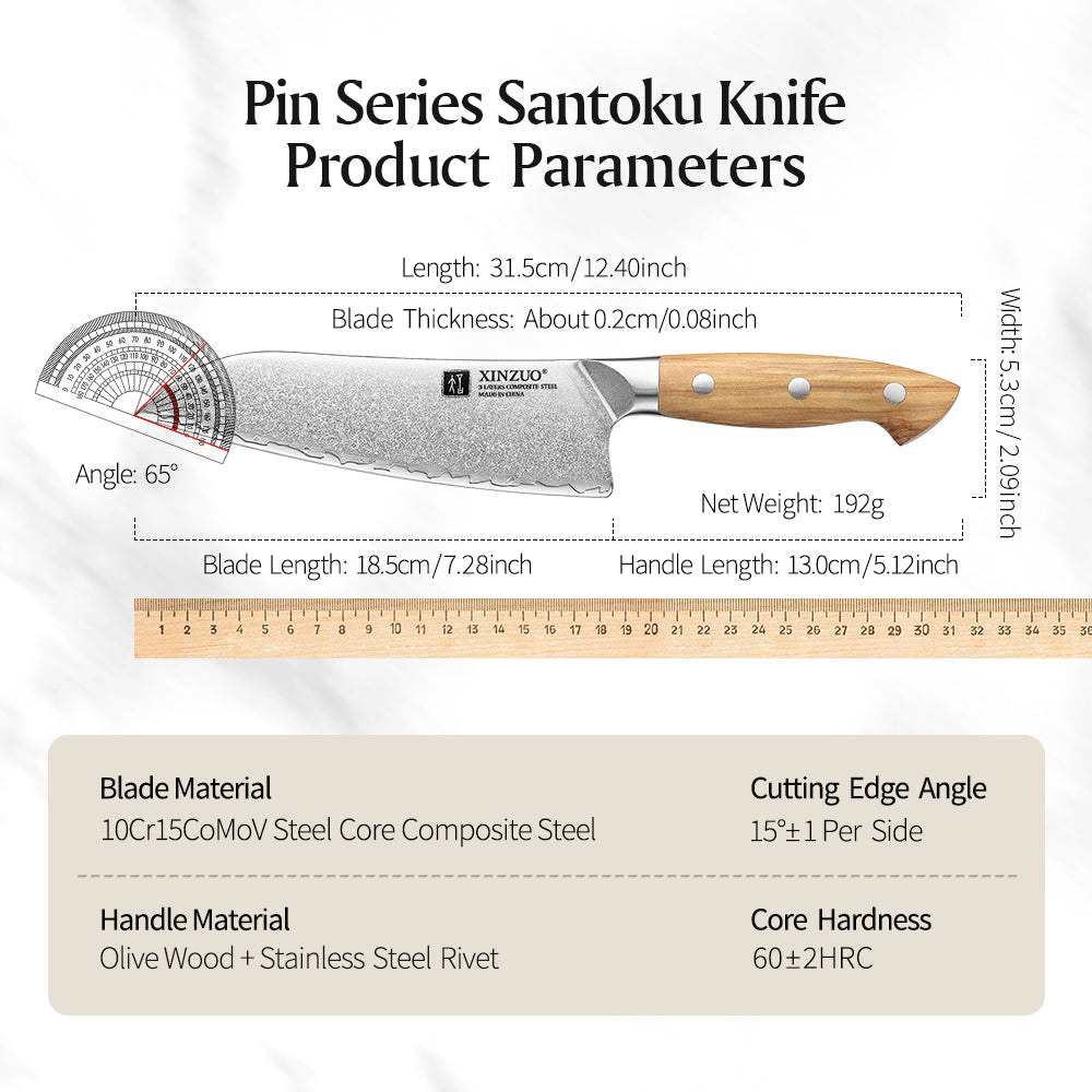 XINZUO Professional Santoku Knife - Triple-Layer Composited Steel with Olive Wood Handle, Razor Sharp & Ergonomic Design-PIN Series