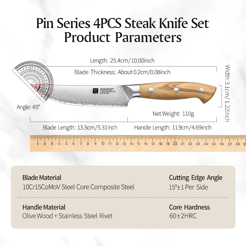 XINZUO 4PCS Steak Knife Set - Triple-Layer Composited Steel with Olive Wood Handle, Razor Sharp & Ergonomic Design-PIN Series