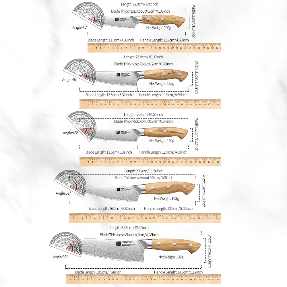XINZUO 10 PCS Kitchen Knife Set - Triple-Layer Composited Steel with Olive Wood Handle, Razor Sharp & Ergonomic Design-PIN Series