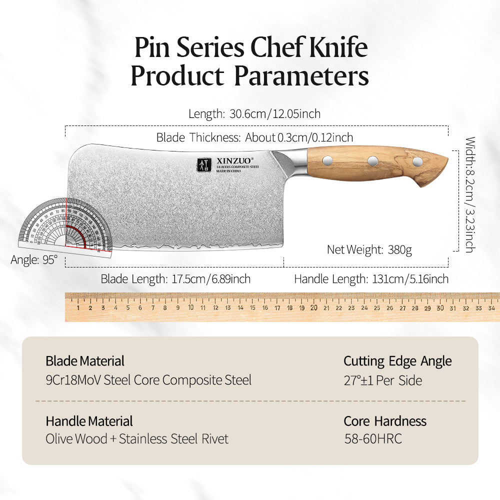 XINZUO Professional Chinese Bone Cleaver Knife - Triple-Layer Composited Steel with Olive Wood Handle, Razor Sharp & Ergonomic Design-PIN Series