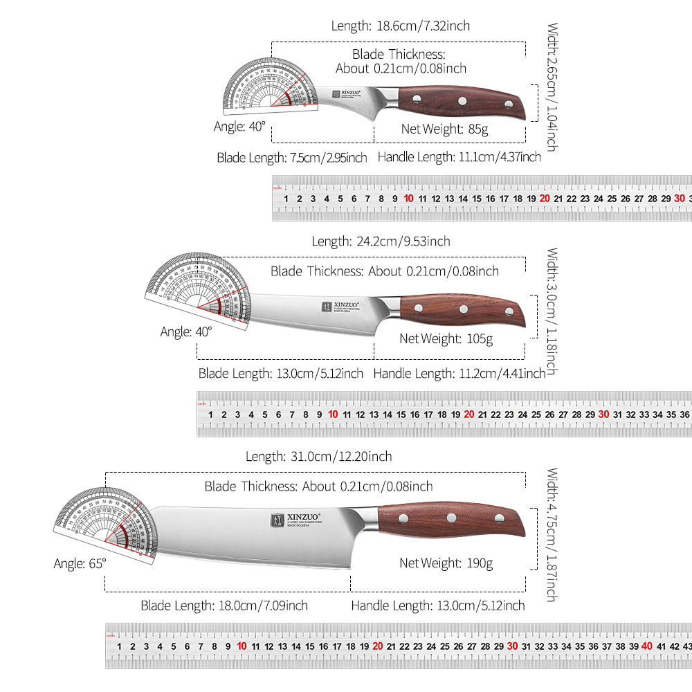 XINZUO Premium 5PCS Kitchen Knife Set 3 Layers Composite Steel 8.1+7.1+8.2+5.1+3 Inches Knife，Ultra-Sharpness Edge