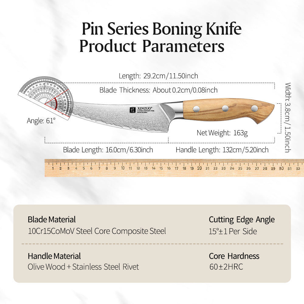 XINZUO Bone Fillet Knife - Triple-Layer Composited Steel with Olive Wood Handle, Razor Sharp & Ergonomic Design-PIN Series