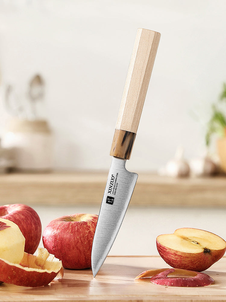 XINZUO Paring Knife Aogami No.2 Composite Steel, 3-Layer Sanyo Riki Blade 62-64HRC, Japanese Kitchen Knife