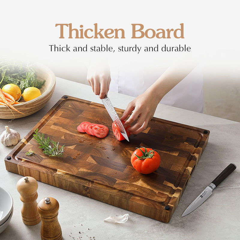 XINZUO Large Reversible End Grain Cutting Board - Acacia Wood with Juice Groove,Drain TPR Feet & Gift Box, Size 19.1" x 14" x 1.5"