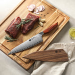 XINZUO Xing Series 73-Layer Damascus Steel 8.2”Bunka Knife – 14Cr14MoVNb Core, Rosewood & Brass Rivets Handle