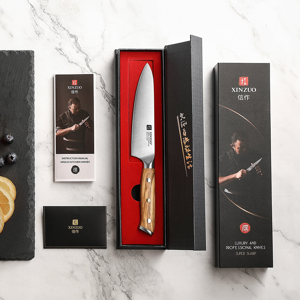 XINZUO Kitchen Knife 5.2 Inches Utility Knife Classic Design Slice Premium Olive Wood Handle Shred or Dice