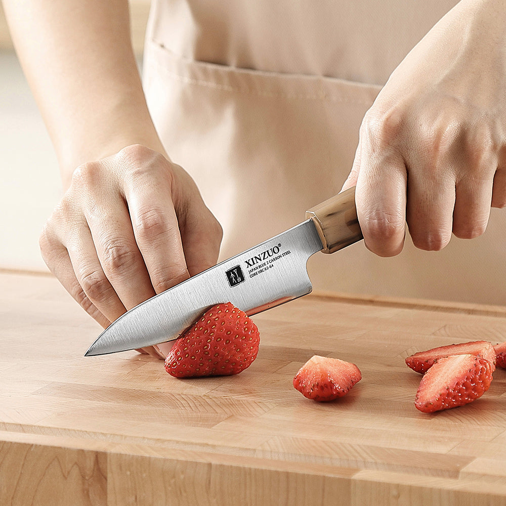 XINZUO Paring Knife Aogami No.2 Composite Steel, 3-Layer Sanyo Riki Blade 62-64HRC, Japanese Kitchen Knife