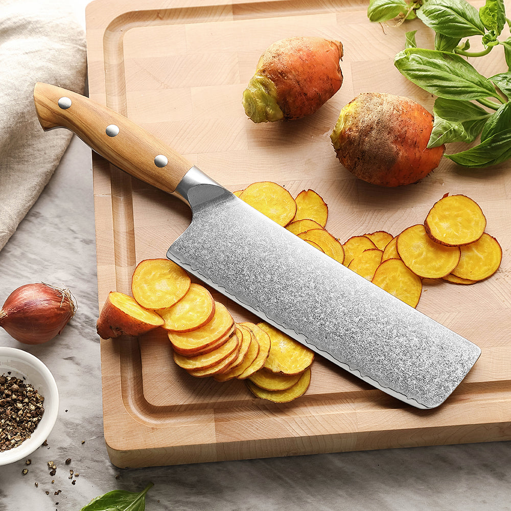 XINZUO Japanese Nakiri Knife - Triple-Layer Composited Steel with Olive Wood Handle, Razor Sharp & Ergonomic Design-PIN Series