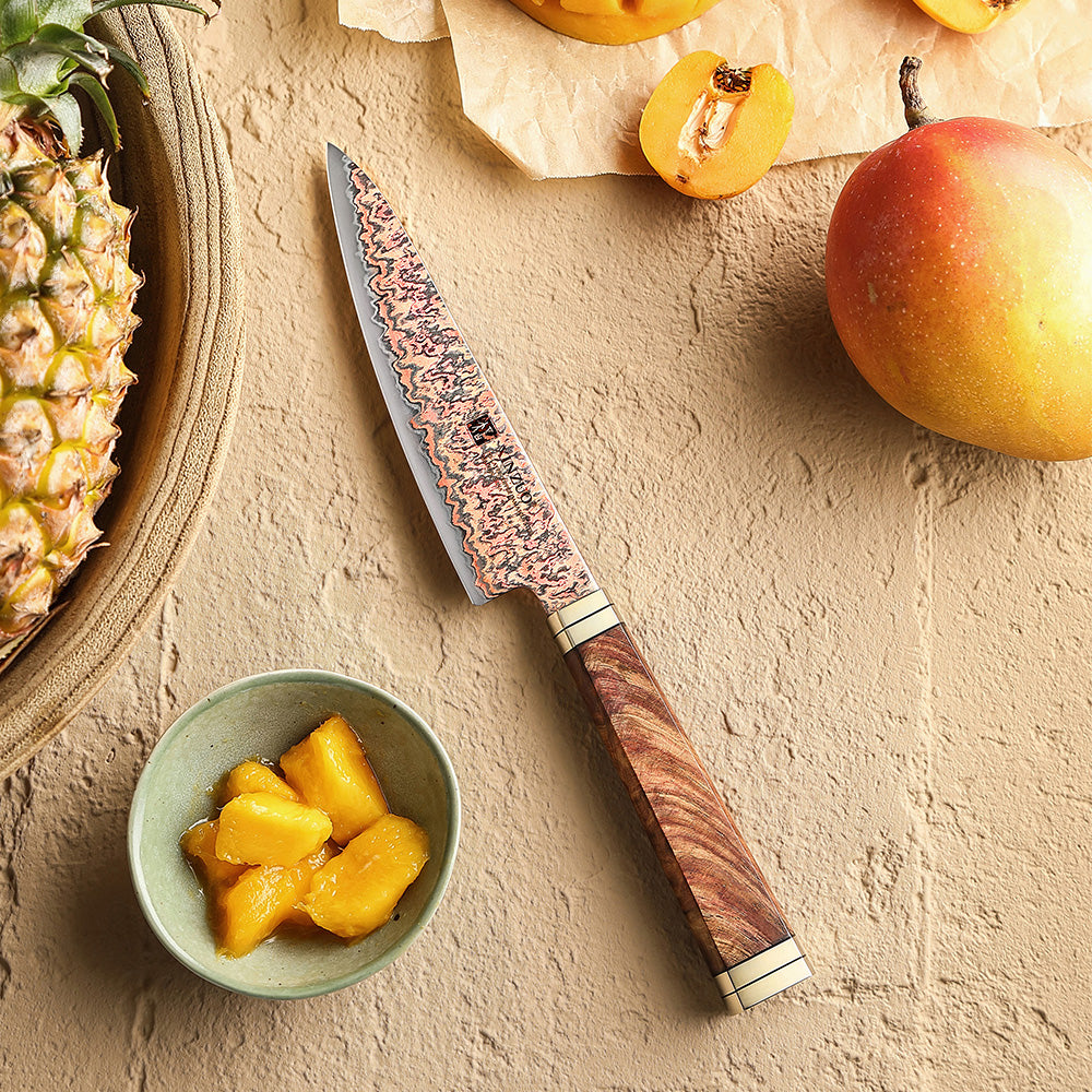 XINZUO 5.3 Inches Kitchen Utility Knife, 53-Layer Tri-Color Copper Damascus Steel,Rosewood Handle,Acacia Wooden Gift Box Packing