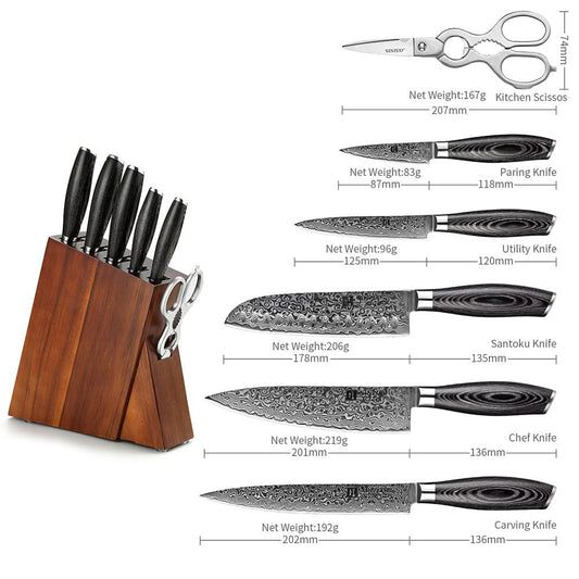 XINZUO 7-Piece 67 Layers Damascus Steel Kitchen Knife Set with Block and Kitchen Scissor-Ya Series