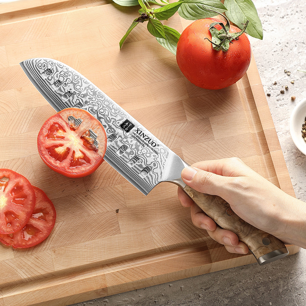 XINZUO 7.1 Inches Santoku Knife 67 Layer Damascus Steel 10Cr15CoMoV Core 60±2 HRC Handmade Kitchen Knife