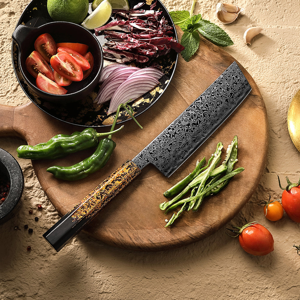 XINZUO 6.9”Nakiri Knife 49-Layer Damascus Kitchen Knife, ZDP-189 Steel Core DLC Coated Ultra Sharp Kitchen Knife