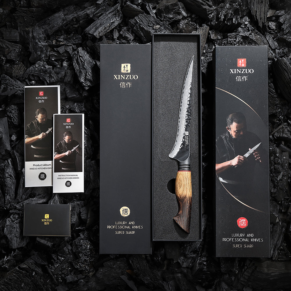 XINZUO 7.5 Inch Flexible Fillet Knife 67 Layers Damascus Steel with Burnt Oak Handle – Precision Fish & Boneless Meat Preparation Tool