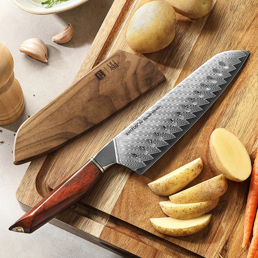 XINZUO Xing Series 7.2 Inches Santoku Knife,73-Layer Damascus – Powder Steel Core (14Cr14MoVNb), Ergonomic Rosewood & Brass Handle, Eco-Friendly Gift Box