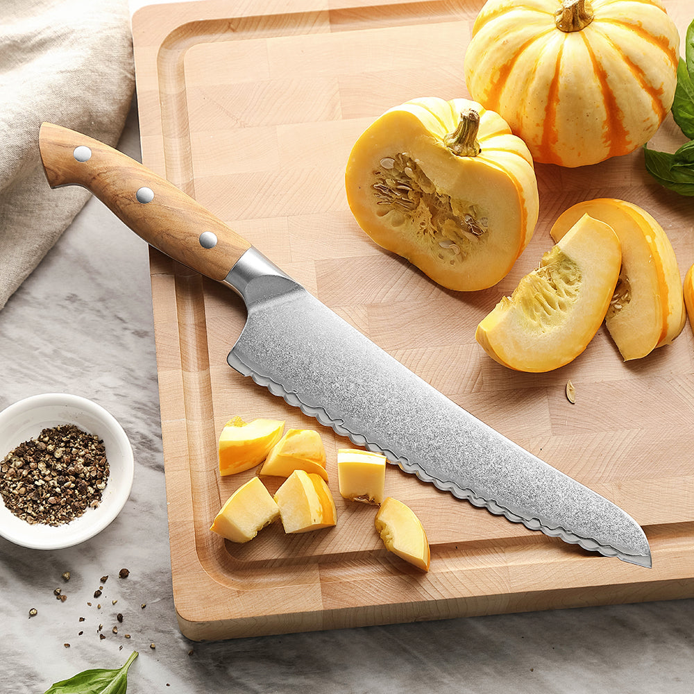 XINZUO Serrated Frozen Food Knife - Triple-Layer Composited Steel with Olive Wood Handle, Razor Sharp & Ergonomic Design-PIN Series