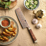 XINZUO 7.2 Inches Nakiri Knife, 53-Layer Tri-Color Copper Damascus Steel,Rosewood Handle,Acacia Wooden Gift Box Packing