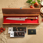 XINZUO 8.5 Inches Serrated Bread Knife, 53-Layer Tri-Color Copper Damascus Steel,Rosewood Handle,Acacia Wooden Gift Box Packing