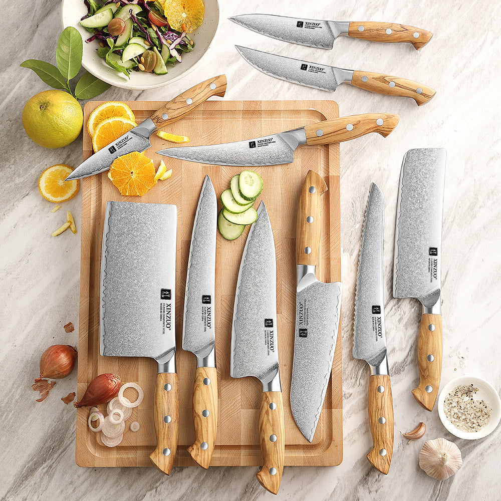 XINZUO 10 PCS Kitchen Knife Set - Triple-Layer Composited Steel with Olive Wood Handle, Razor Sharp & Ergonomic Design-PIN Series