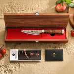 XINZUO 4 Inches Paring Knife, 53-Layer Tri-Color Copper Damascus Steel,Rosewood Handle,Acacia Wooden Gift Box Packing