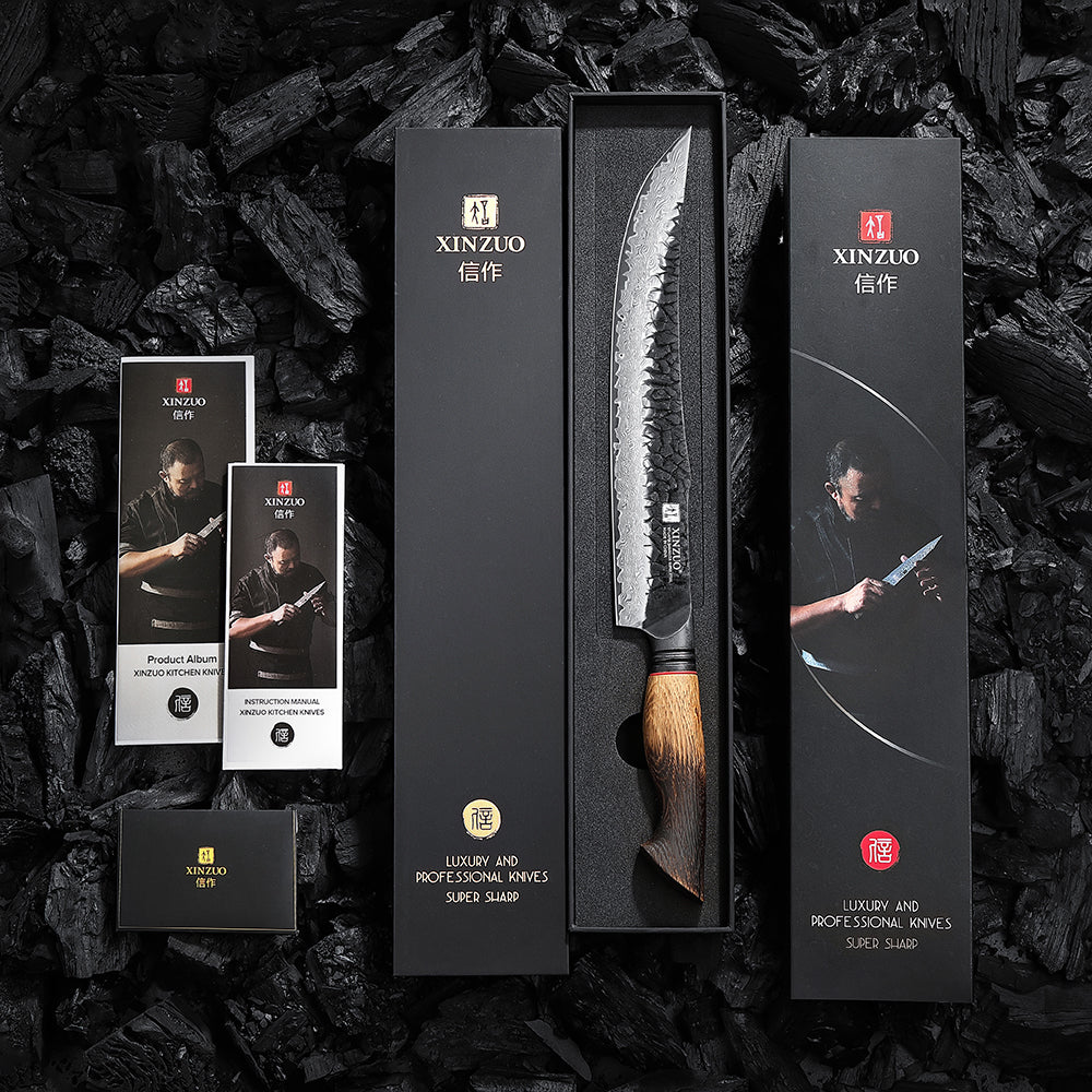 XINZUO 10 Inch Carving Knife 67 Layers Damascus Steel with Burnt Oak Handle - Precision Slicing Knife for Meat, Poultry & Roasts