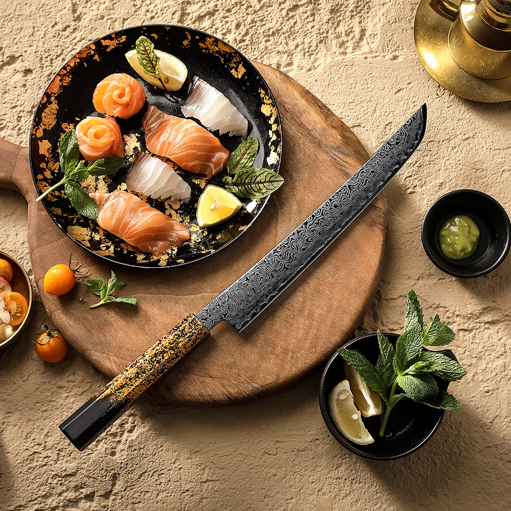 XINZUO 10 Inches Calamus Knife Japanese ZDP189 Damascus Steel Intangible Cultural Heritage lacquerware Handle