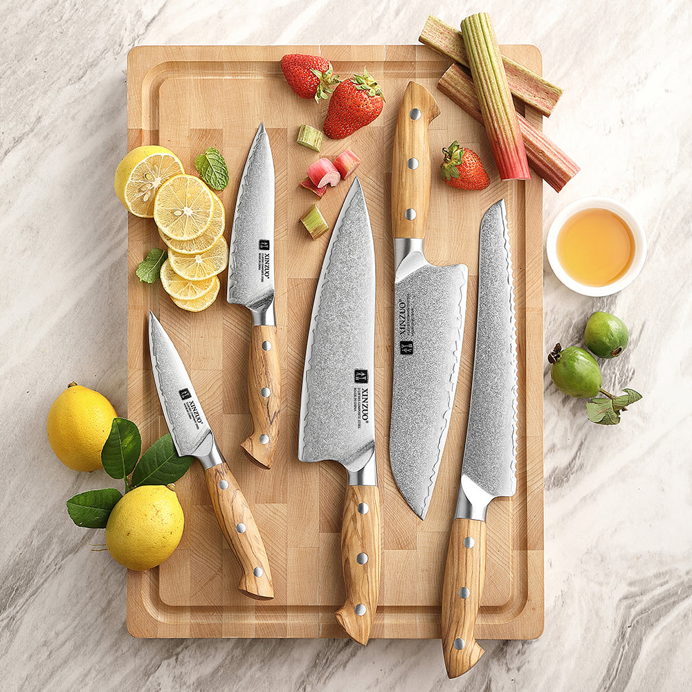 XINZUO 5PCS Kitchen Knife Set - Triple-Layer Composited Steel with Olive Wood Handle, Razor Sharp & Ergonomic Design-PIN Series