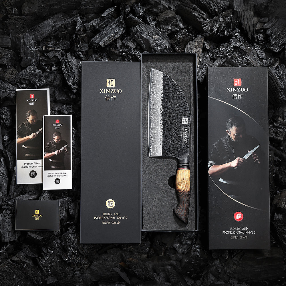 XINZUO 7.3 Inch Heavy Duty Bone Chopping Knife 67 Layers Damascus Steel with Burnt Oak Handle – Professional Butcher & Kitchen Cleaver