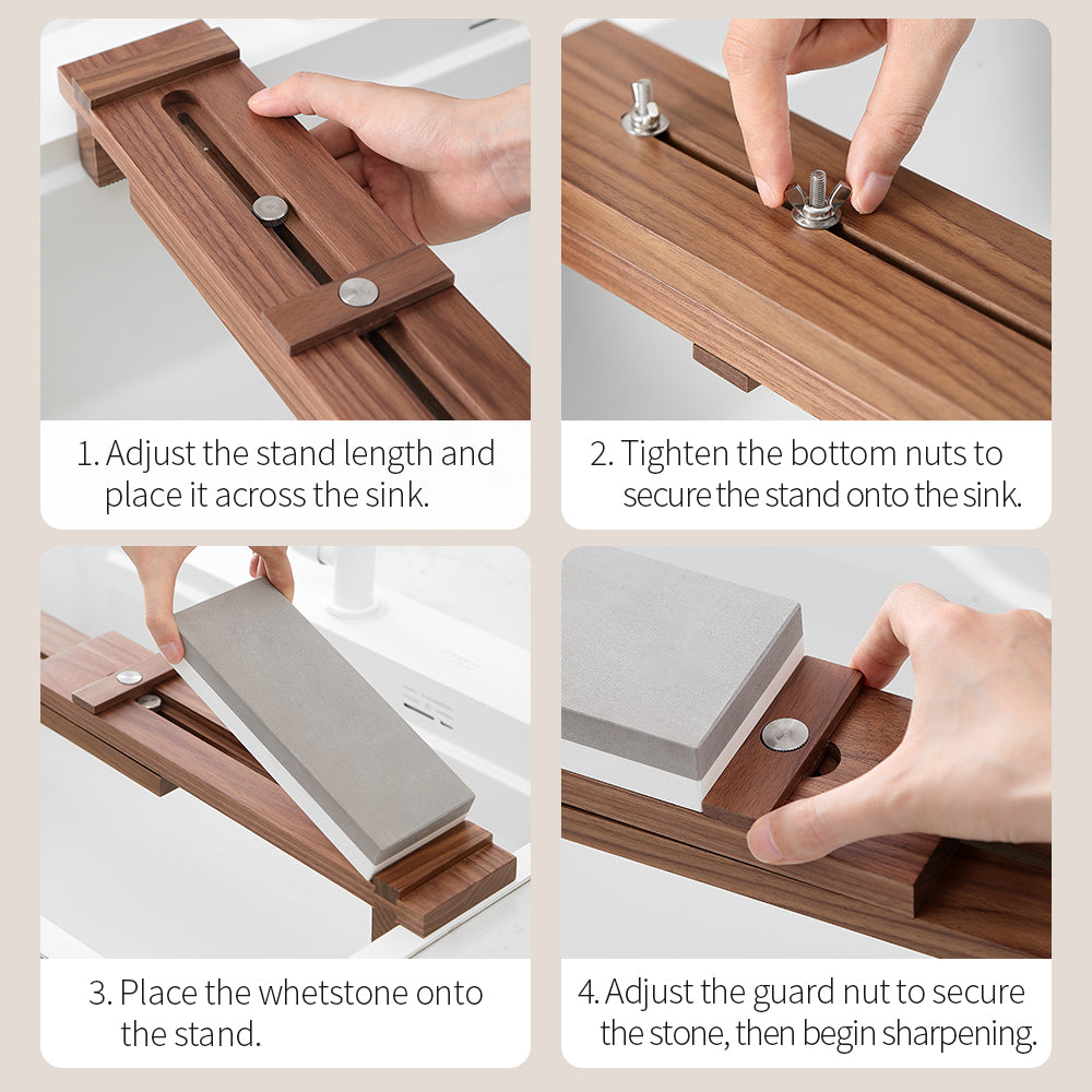 XINZUO Adjustable Solid Wood Whetstone Sharpening Stand, Extendable Walnut & White Oak Sharpening Holder for Kitchen Knife Sharpening, Sink Mount Stable Sharpening Support Stand