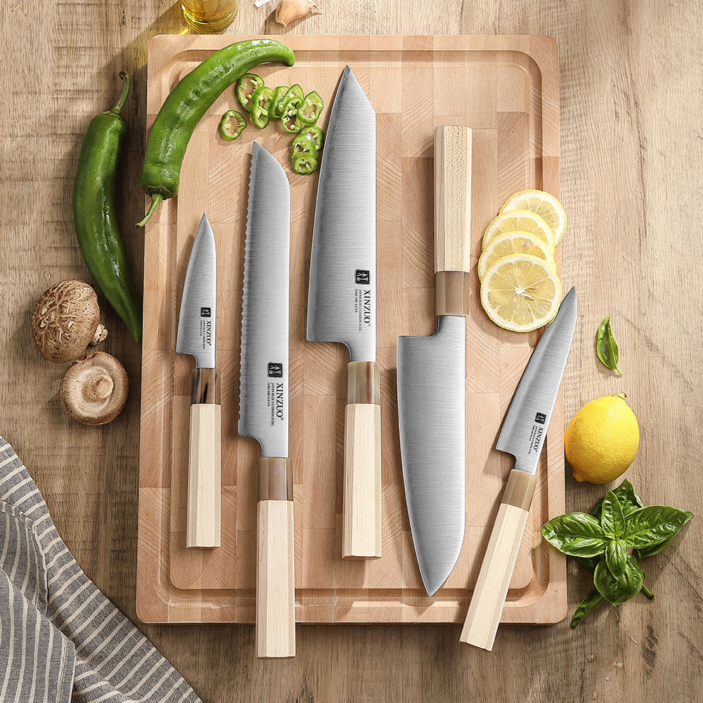XINZUO 5PCS Japanese Aogami No.2 Steel Knife Set,Core Hardness 62-64HRC,Professional Kitchen Knife Set