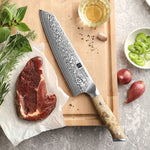 XINZUO 8.3" Bunka Knife 67-Layer Damascus Steel Kitchen Knife 10Cr15CoMoV Steel Core 60±2 HRC Hand-Sharpened 15° Edge Figured Sycamore Wood Handle