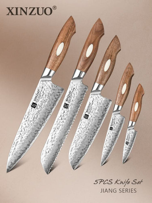XINZUO 5-Piece 67 Layers Japanese AUS-10 Damascus Steel Kitchen Knife Set-Jiang Series