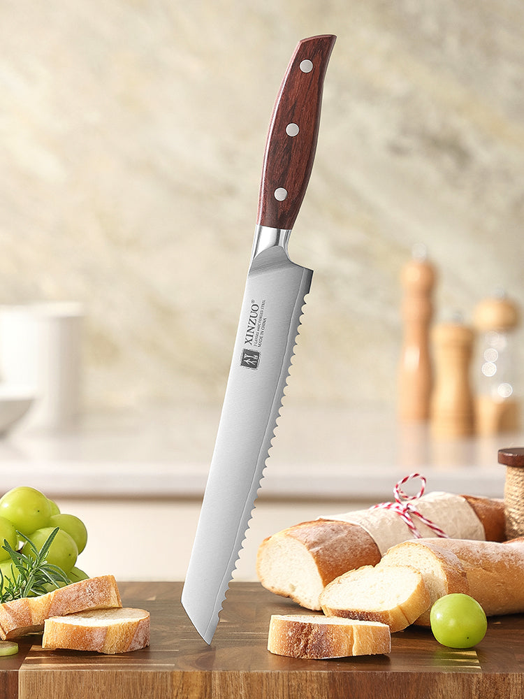 XINZUO 8.2 Inches Bread Knife 3 Layers Composite Steel 440C Steel Core With Nature Red Wood Handle