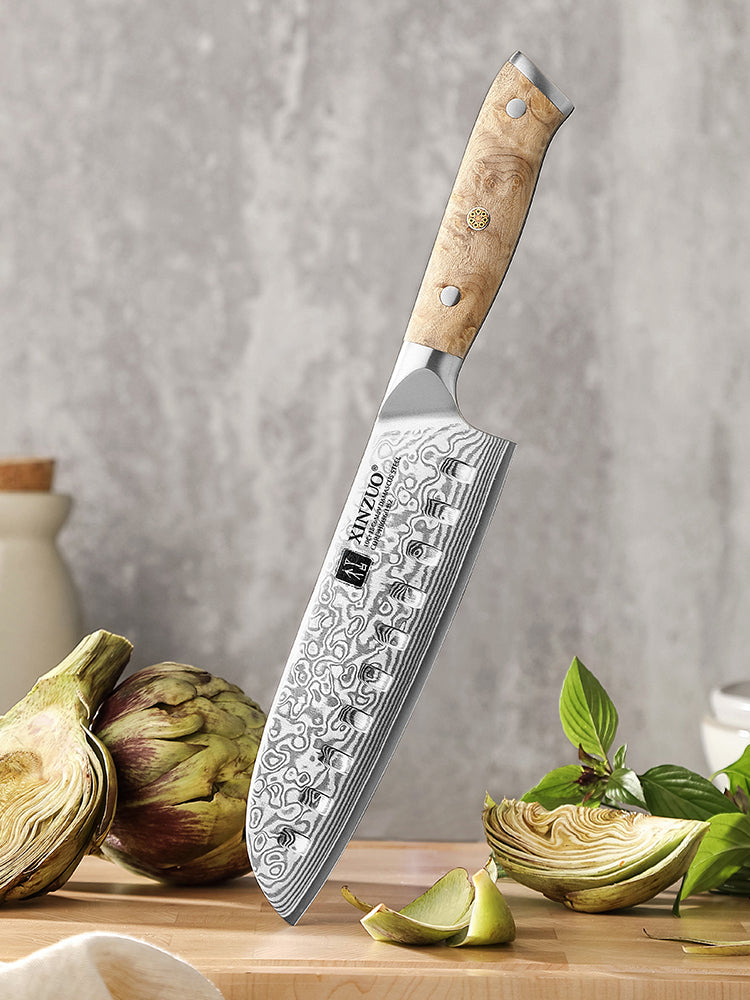 XINZUO 7.1 Inches Santoku Knife 67 Layer Damascus Steel 10Cr15CoMoV Core 60±2 HRC Handmade Kitchen Knife