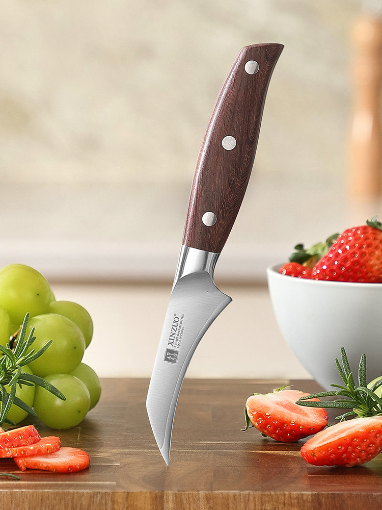 XINZUO Sharp Kitchen Knife 3”Paring Knife Customized 3 Layers Composite Steel-Quality Red Wood Handle