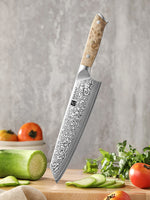XINZUO 8.3" Bunka Knife 67-Layer Damascus Steel Kitchen Knife 10Cr15CoMoV Steel Core 60±2 HRC Hand-Sharpened 15° Edge Figured Sycamore Wood Handle