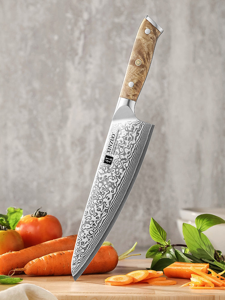 XINZUO 8.3” Chef Knife 67-Layer Damascus Steel 10Cr15CoMoV Core 60±2HRC Handmade with Figured Sycamore Wood Handle