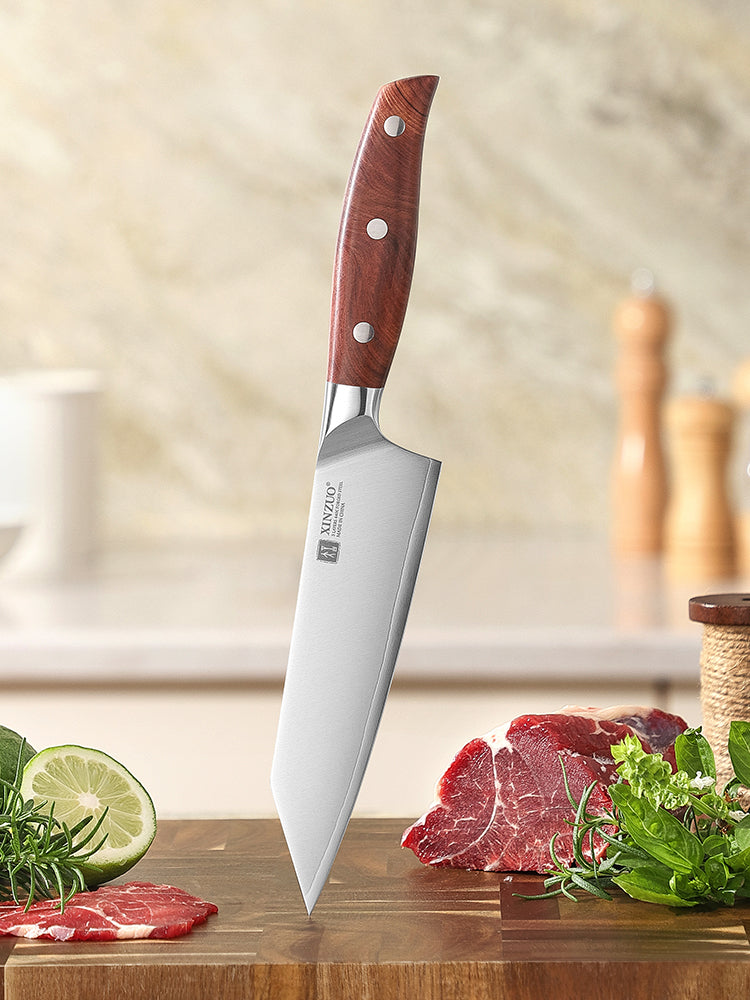 XINZUO 6.2”Sharp Kitchen Bunka Knife 3-Layer Composite Steel Comfort Red Wood Handle, Multipurpose Cooking Knife