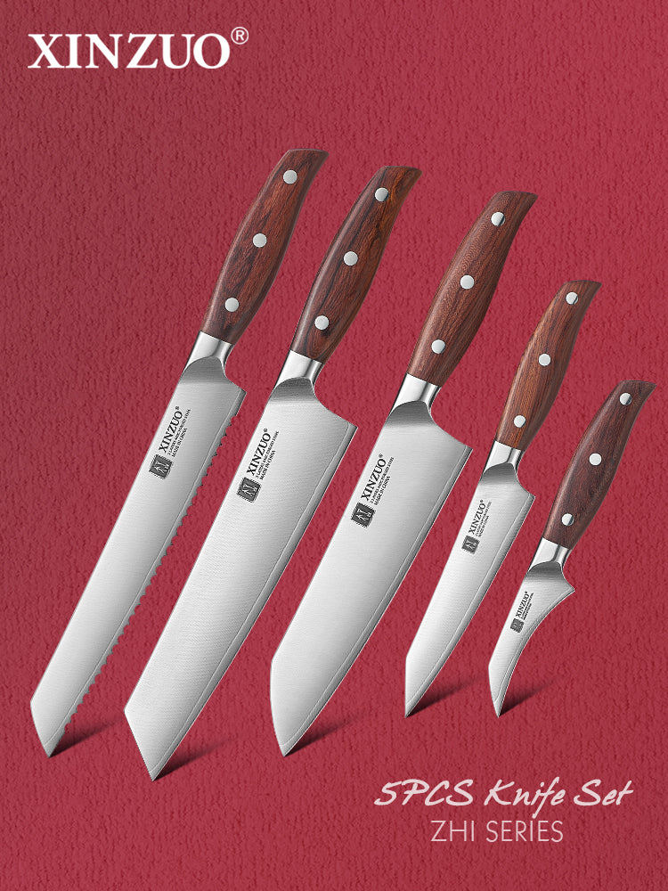 XINZUO Premium 5PCS Kitchen Knife Set 3 Layers Composite Steel 8.1+7.1+8.2+5.1+3 Inches Knife，Ultra-Sharpness Edge