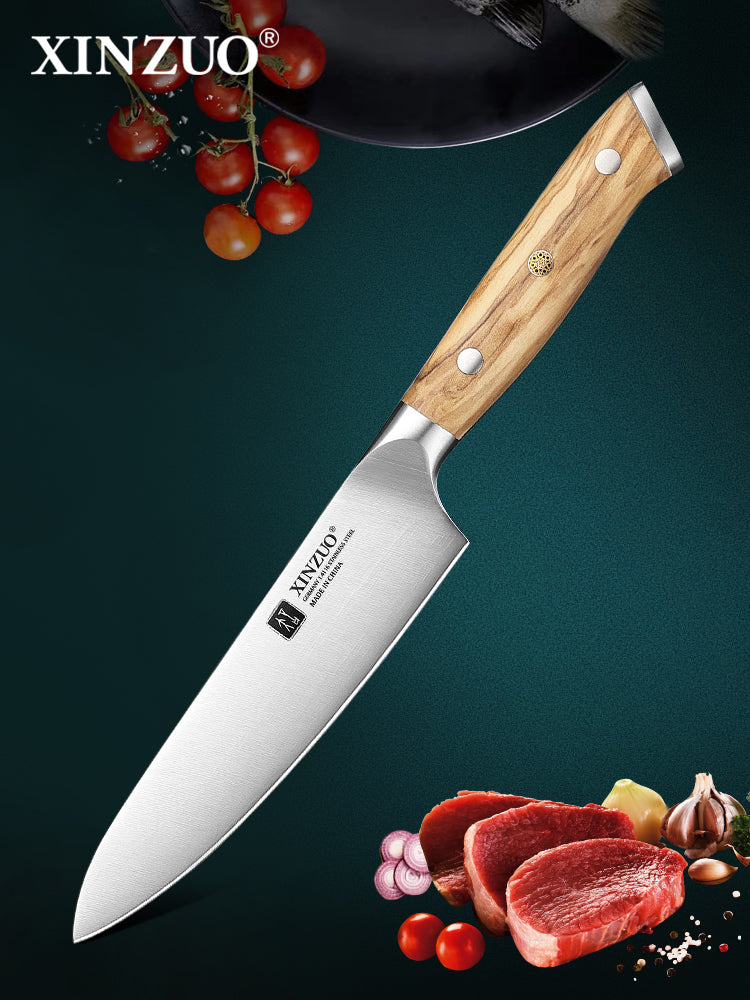 XINZUO Kitchen Knife 5.2 Inches Utility Knife Classic Design Slice Premium Olive Wood Handle Shred or Dice