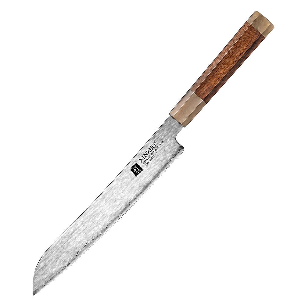 XINZUO Zhen XZ05 Series ZDP-189 Powder Steel Bread Knife 9 Inch, Made of Three-layer Composite Steel, Hardness Reaches 65-67HRC, Desert lronwood Octagonal HandIe
