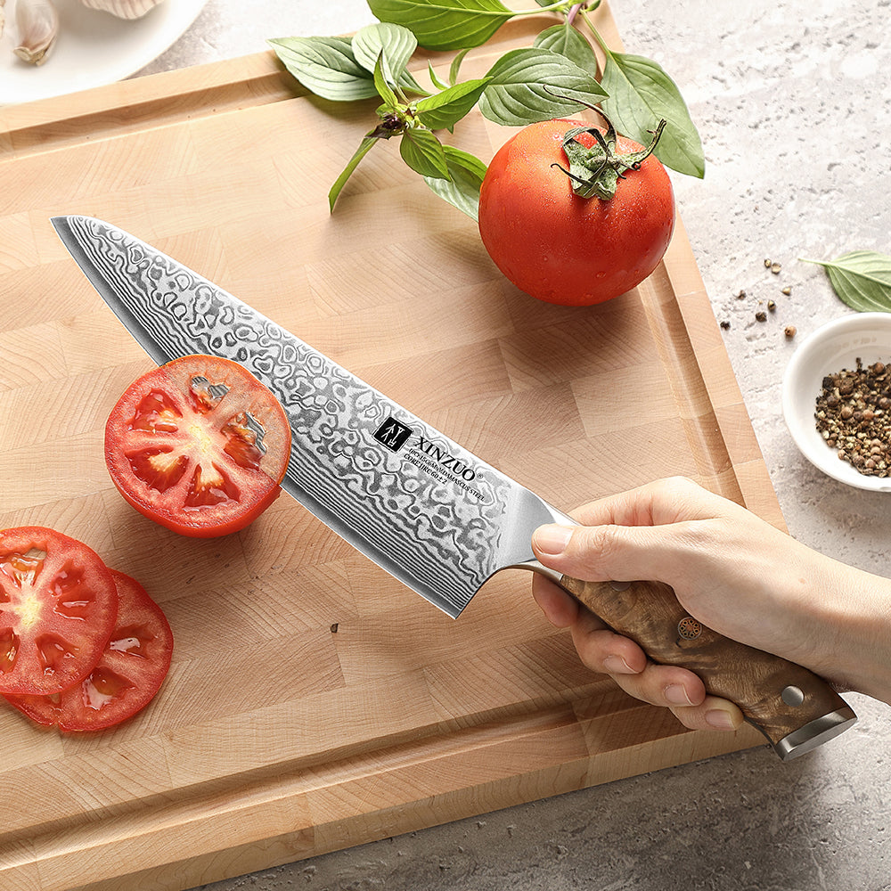 XINZUO 8.3” Chef Knife 67-Layer Damascus Steel 10Cr15CoMoV Core 60±2HRC Handmade with Figured Sycamore Wood Handle