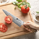 XINZUO 8.3” Chef Knife 67-Layer Damascus Steel 10Cr15CoMoV Core 60±2HRC Handmade with Figured Sycamore Wood Handle