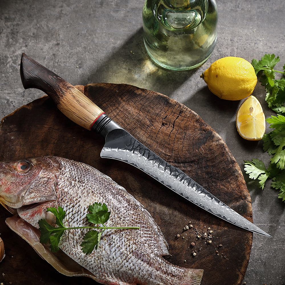 XINZUO 7.5 Inch Flexible Fillet Knife 67 Layers Damascus Steel with Burnt Oak Handle – Precision Fish & Boneless Meat Preparation Tool